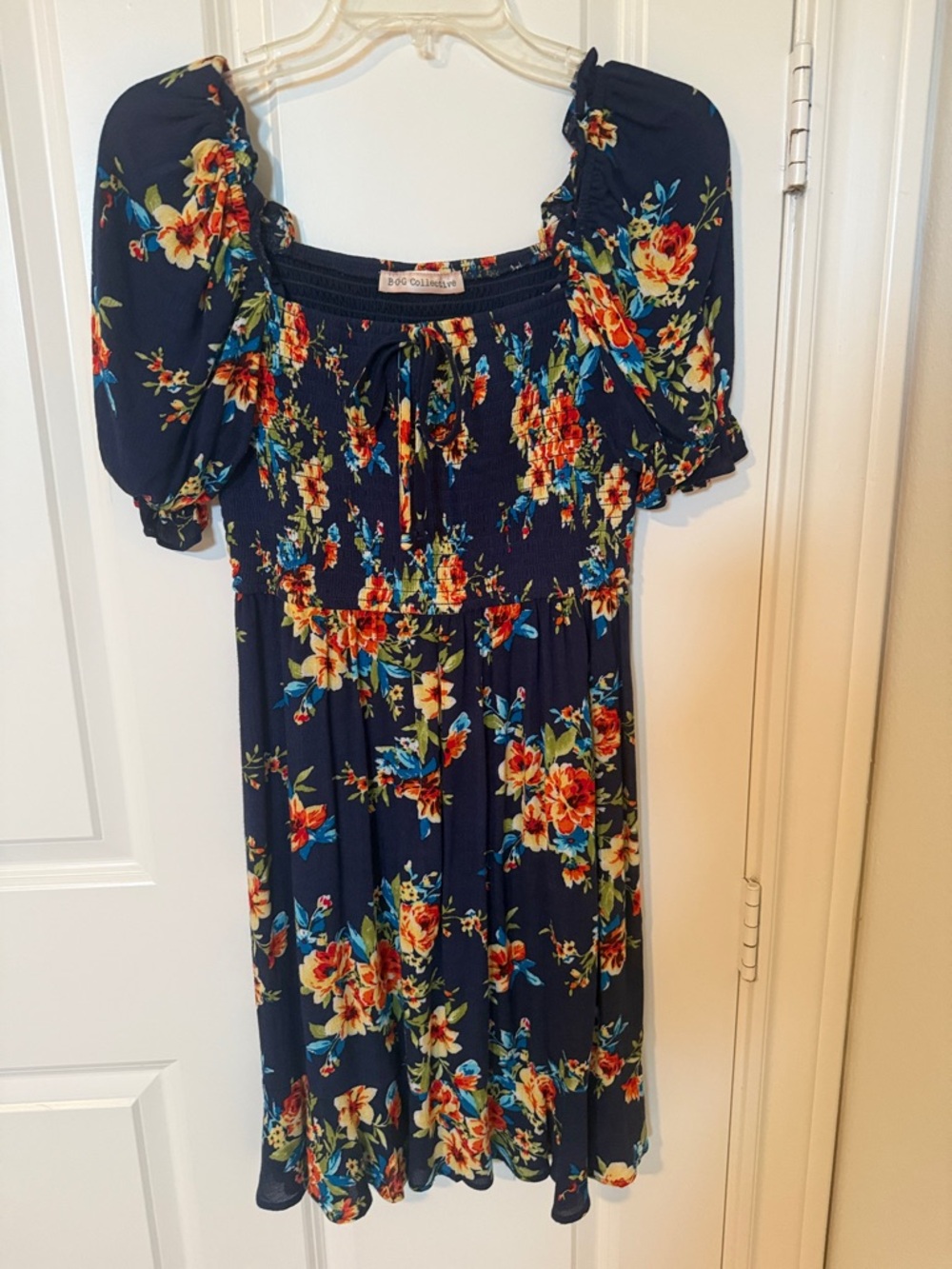 Floral Navy Mini Dress with Smocked Bodice